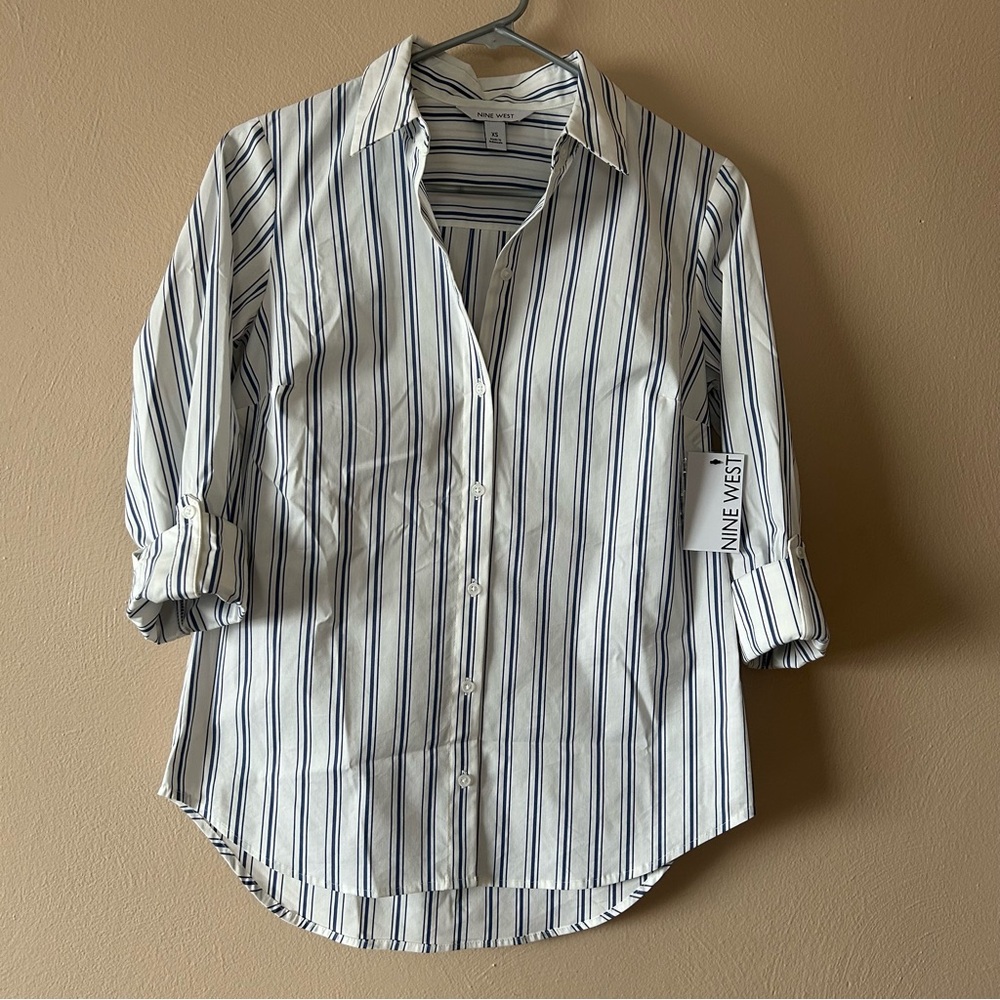 NWT Nine West White Shirt with Navy Stripes